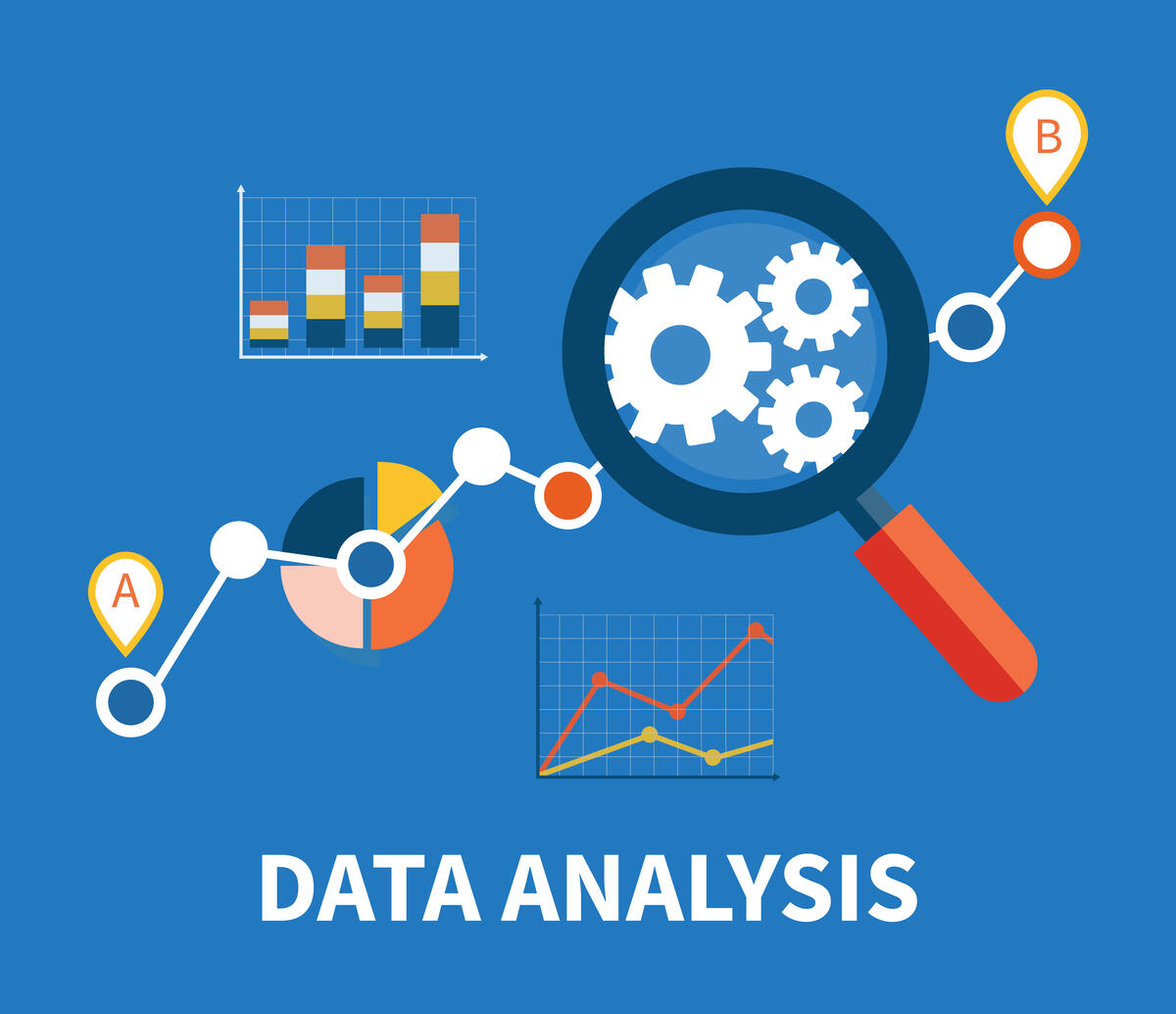Banner with focused magnifying glass on gear and multicolored pie chart with name Data analysis on blue background. For web construction, mobile applications, banners, corporate brochures, layouts
